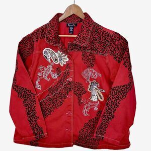 Denim & Co Womens Jean Jacket Red Leopard Embroidered Paisley Cotton Size 1X‎